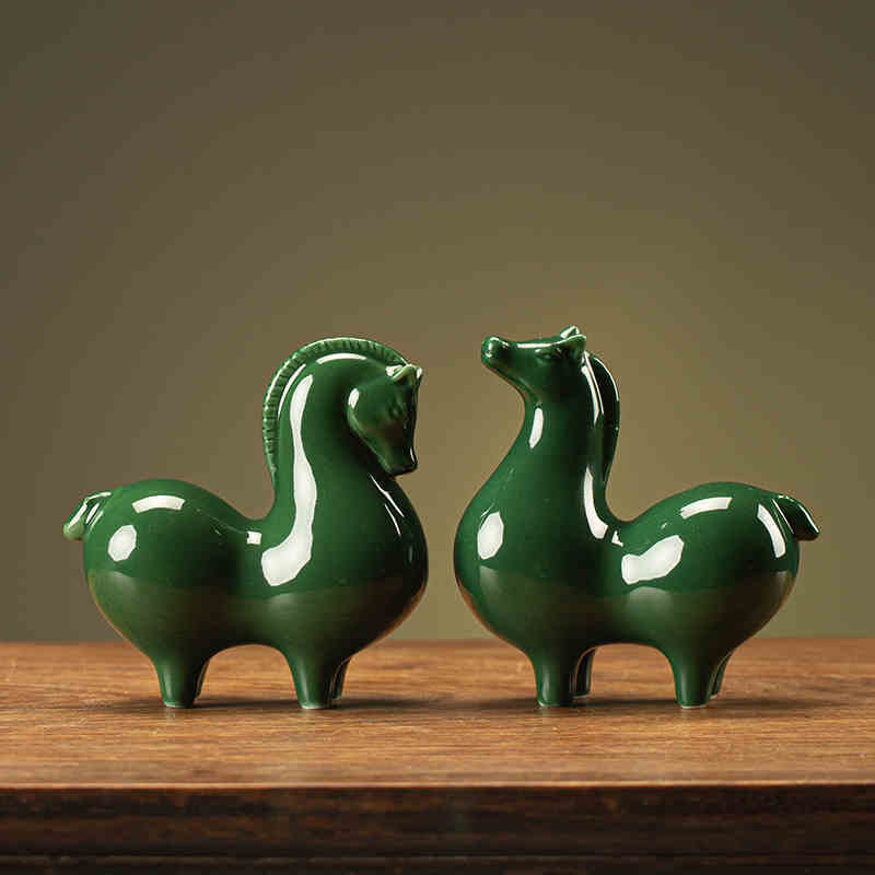 Ceramic Green Horse Small Ornaments Home Living Room Study Office Desk Surface Panel Decoration