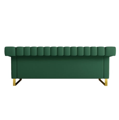 FX-P81PU-GR SOFA Modern Green PU Sofa With Gold Accents - Sleek Channel-Tufted Upholstery, 3-Seat Couch For Living Room And Office DecorTEMU Suitabl