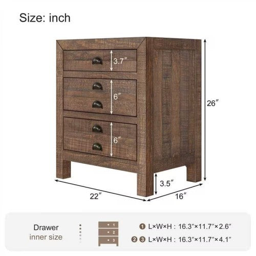Rustic Farmhouse Style Three-Drawer Solid Pine Wood Nightstand With Cup Pulls And Integrated Charge Station