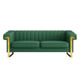 FX-P81PU-GR SOFA Modern Green PU Sofa With Gold Accents - Sleek Channel-Tufted Upholstery, 3-Seat Couch For Living Room And Office DecorTEMU Suitabl