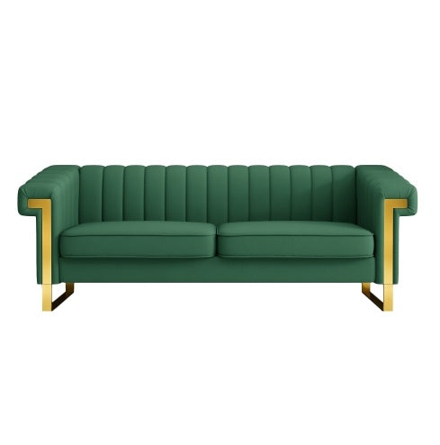 FX-P81PU-GR SOFA Modern Green PU Sofa With Gold Accents - Sleek Channel-Tufted Upholstery, 3-Seat Couch For Living Room And Office DecorTEMU Suitabl