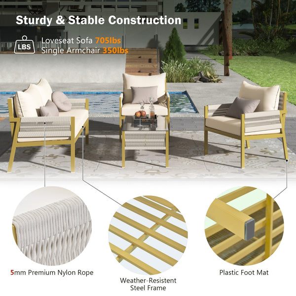 K&K 4-Piece Rope Patio Furniture Set, Outdoor Furniture With Tempered Glass Table, Patio Conversatio